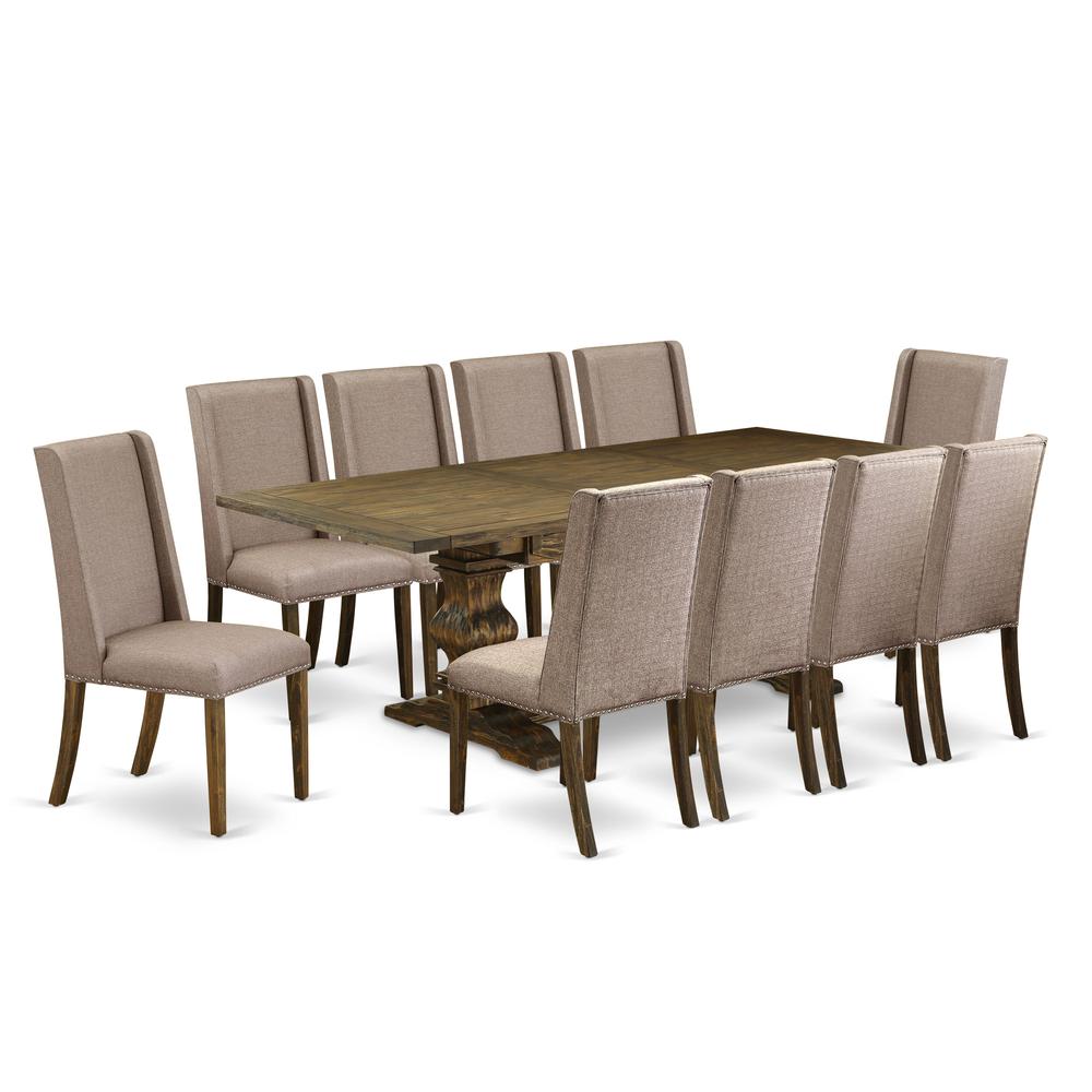 East West Furniture 11-Piece Dining Room Table Set Consists of a Mid Century Dining Table and 10 Dark Khaki Linen Fabric Modern Dining Chairs with High Back - Distressed Jacobean Finish. Picture 1