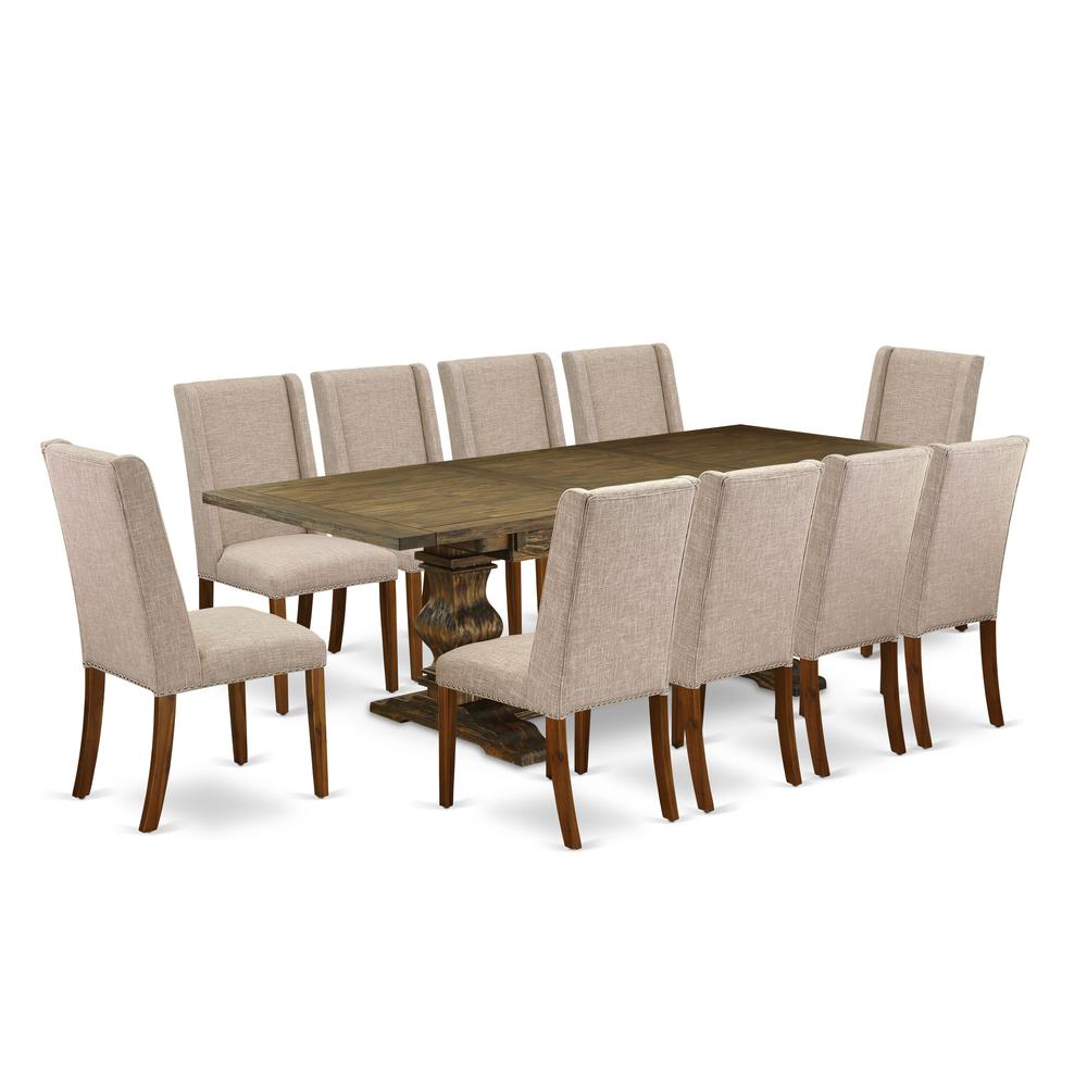 East West Furniture 11-Piece Dining Room Table Set Consists of a Rectangular Table and 10 Light Tan Linen Fabric Parson Chairs with High Back - Distressed Jacobean Finish. Picture 2