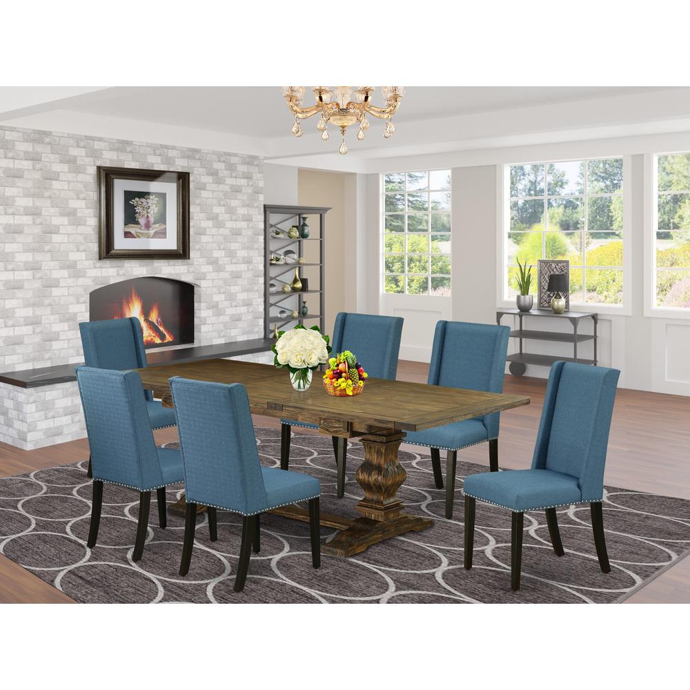 7-pc dining set with Chair’s Legs and Mineral Blue Linen Fabric. Picture 18