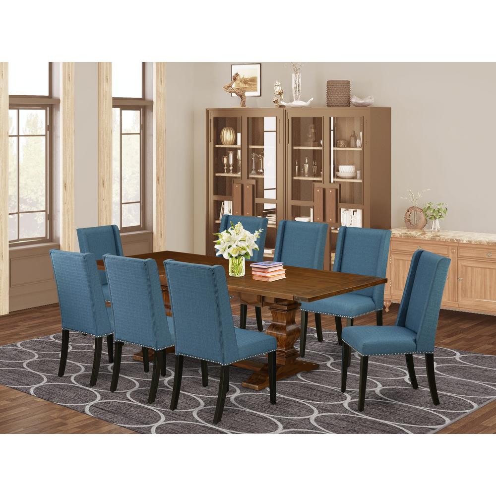 9-pc dining table set with Chair’s Legs and Mineral Blue Linen Fabric. Picture 13