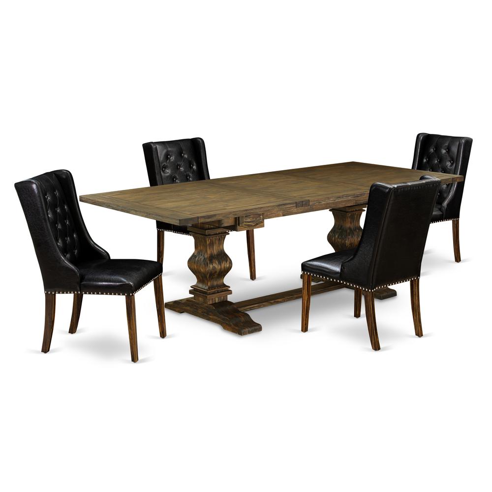 East West Furniture LAFO5-77-49 5-Pc Kitchen Dining Room Set Includes 1 Butterfly Leaf Double Pedestal Table and 4 Black Linen Fabric Dining Chair with Button Tufted Back - Distressed Jacobean Finish. Picture 1