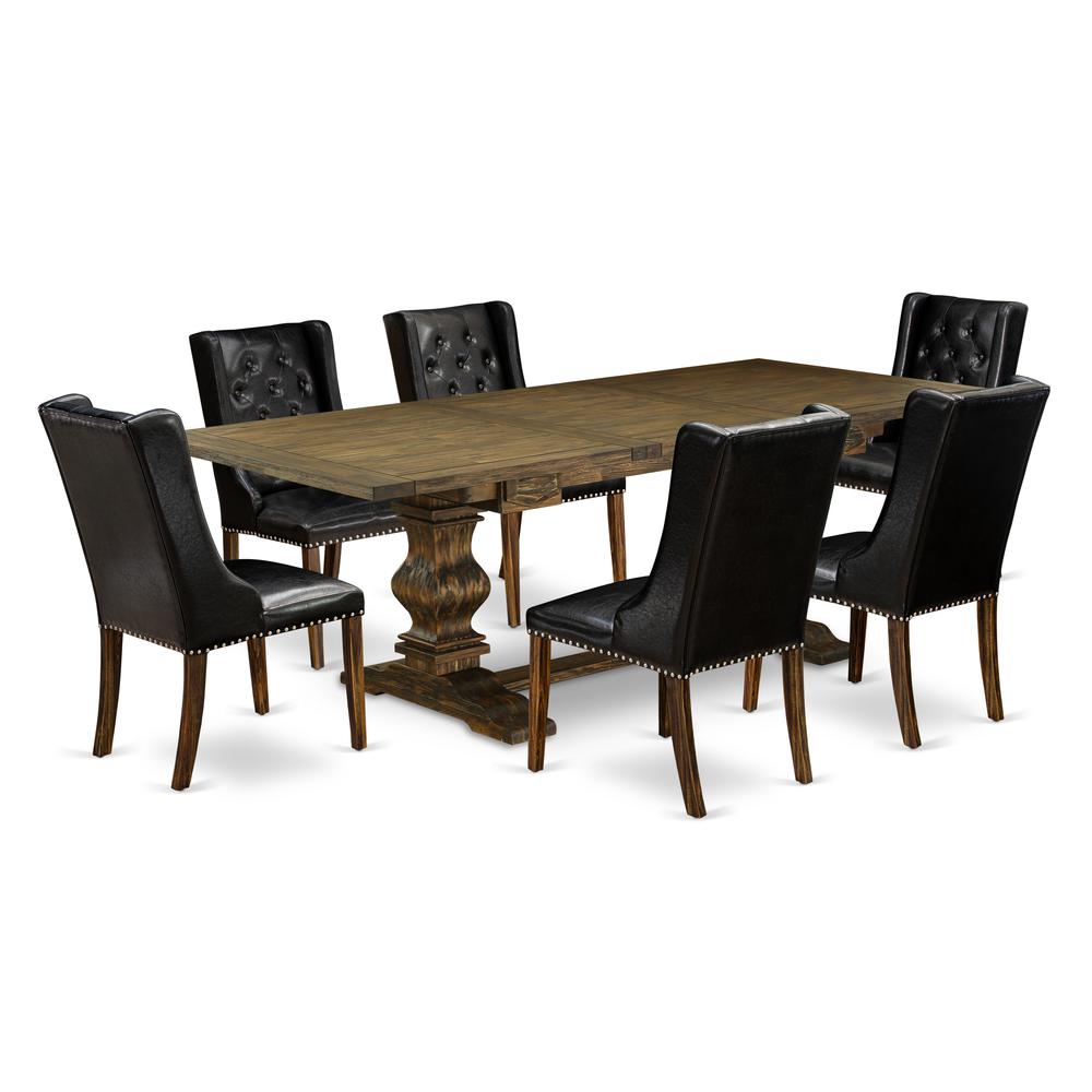 East West Furniture LAFO7-77-49 7-Pc Kitchen Dining Set Includes 1 Butterfly Leaf Double Pedestal Dining Table and 6 Linen Fabric Dining Chairs with Button Tufted Back - Distressed Jacobean Finish. Picture 1