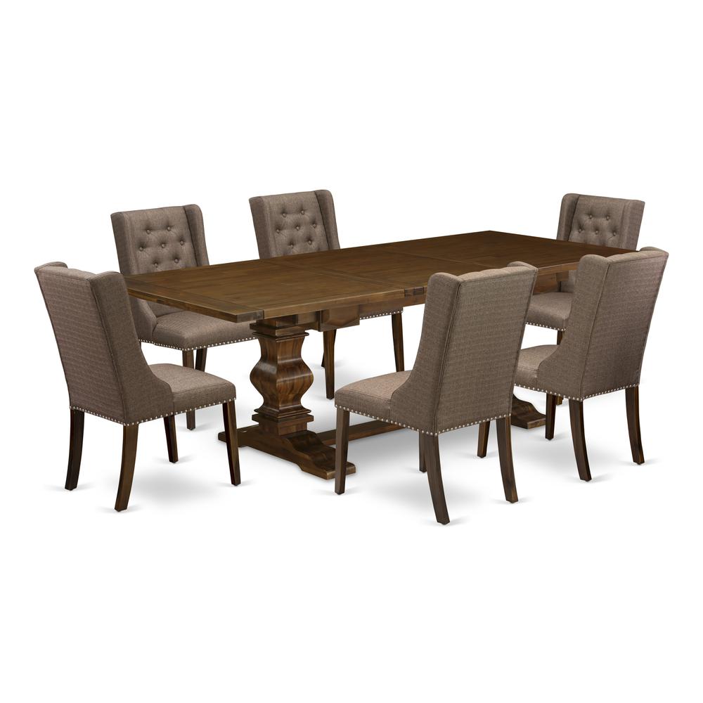 East West Furniture LAFO7-88-18 7-Pc Kitchen Table Set Includes 1 Butterfly Leaf Double Pedestal Table and 6 Brown Linen Fabric Kitchen Chairs with Button Tufted Back - Antique Walnut Finish. Picture 1
