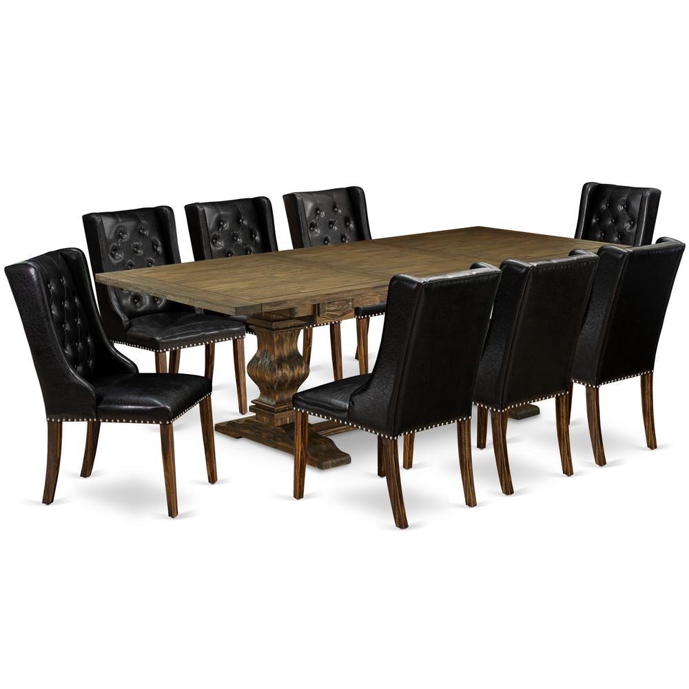 East West Furniture LAFO9-77-49 9-Piece Dinette Set Includes 1 Butterfly Leaf Double Pedestal Kitchen Table and 8 Black Linen Fabric Parson Chairs with Button Tufted Back - Distressed Jacobean Finish. Picture 1
