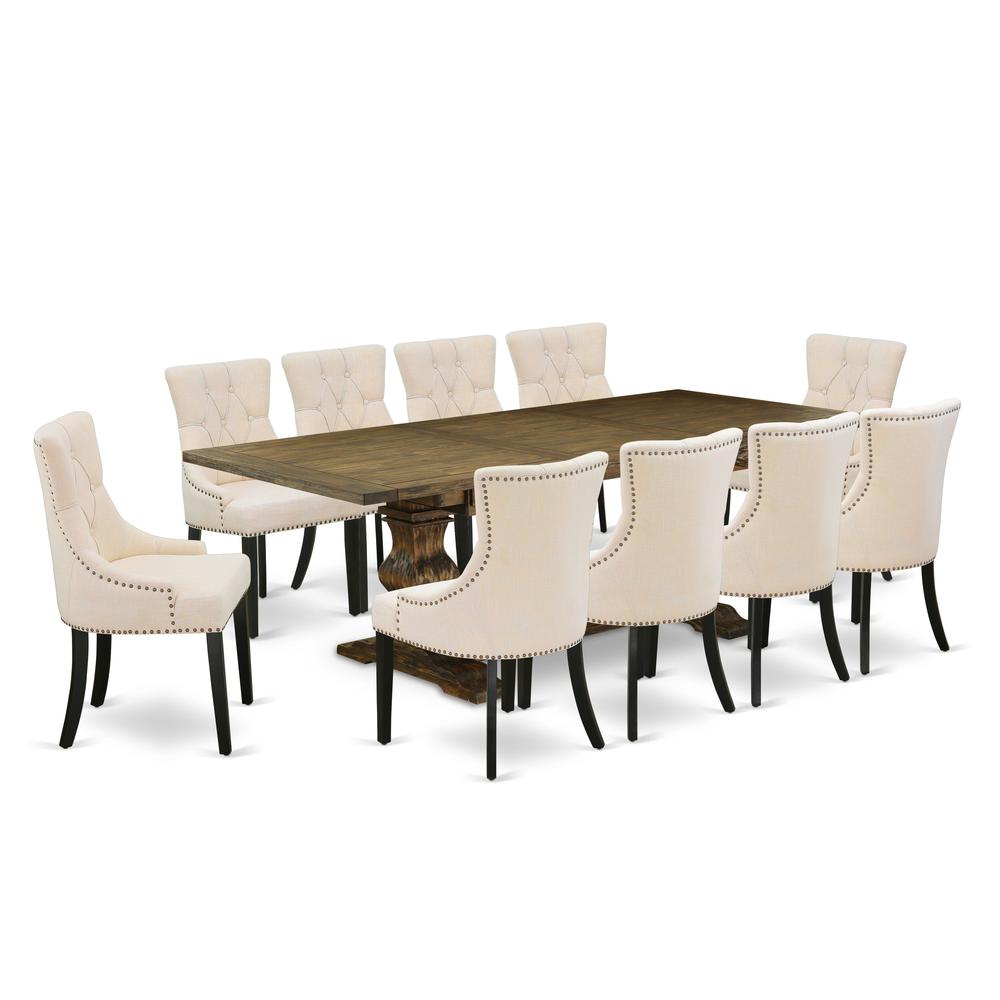 East West Furniture 11-Piece Modern Dining Set Consists of a Dining Room Table and 10 Light Beige Linen Fabric Dining Chairs with Button Tufted Back - Distressed Jacobean Finish. Picture 2