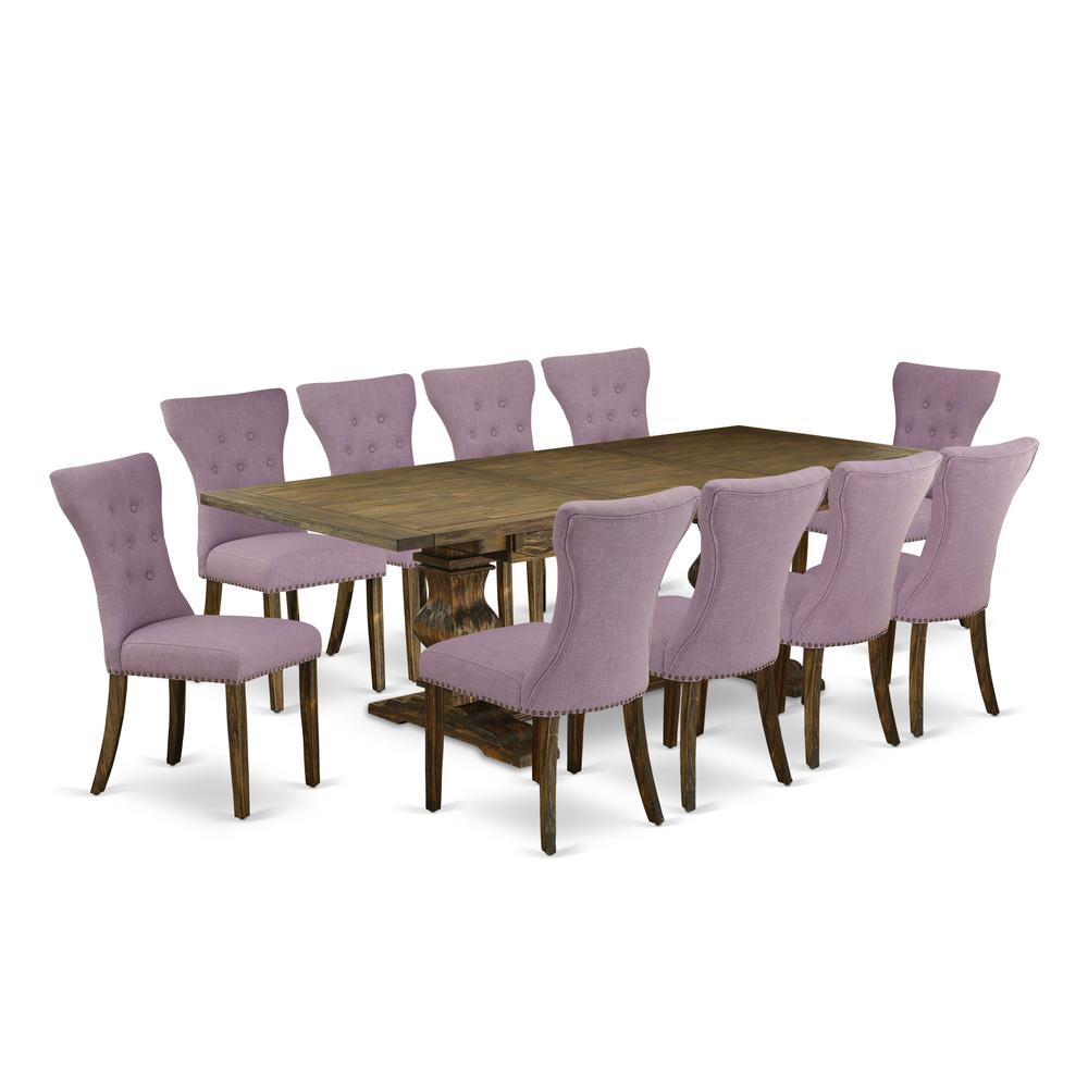 East West Furniture 11-Piece Kitchen Table Set Contains a Wooden Table and 10 Dahlia Linen Fabric Dining Room Chairs with Button Tufted Back - Distressed Jacobean Finish. Picture 2
