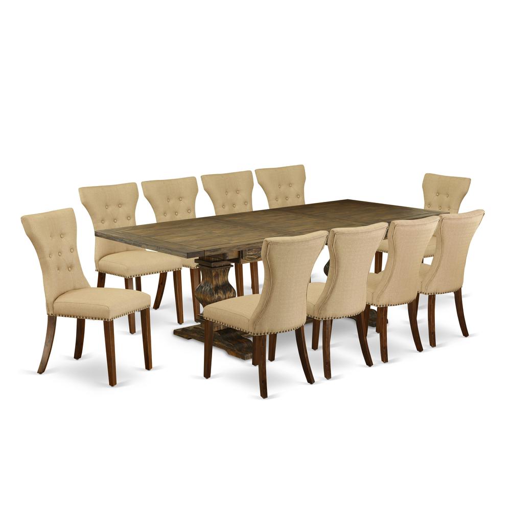 East West Furniture 11-Piece Kitchen Table Set Contains a Mid Century Dining Table and 10 Brown Linen Fabric Dining Room Chairs with Button Tufted Back - Distressed Jacobean Finish. Picture 2