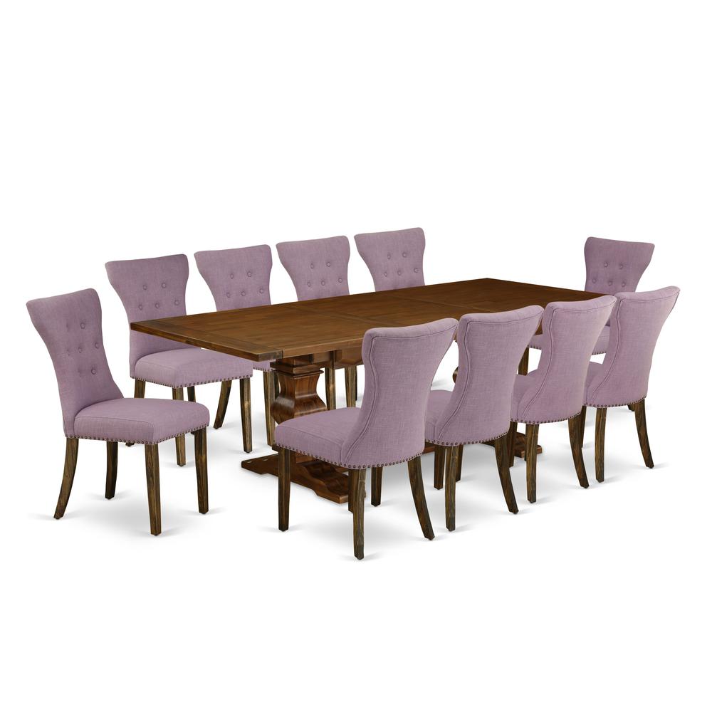 East West Furniture 11-Pc Dining Table Set - A Butterfly Leaf Double Pedestal Kitchen Table and 10 Dahlia Linen Fabric Modern Chairs with Button Tufted Back - Antique Walnut Finish. Picture 2