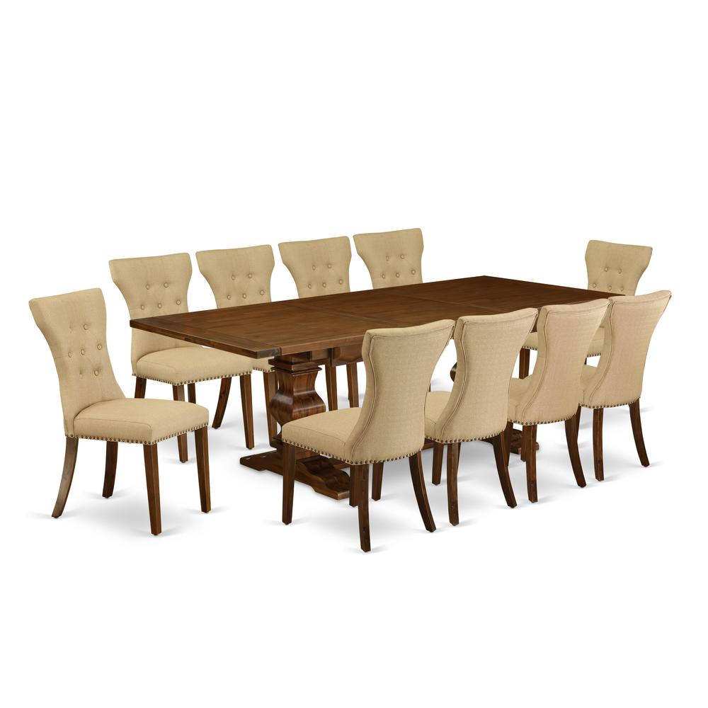 East West Furniture 11-Pieces Dining Set - A Butterfly Leaf Double Pedestal Dining Table and 10 Brown Linen Fabric Dining Chairs with button Tufted Back - Antique Walnut Finish. Picture 2