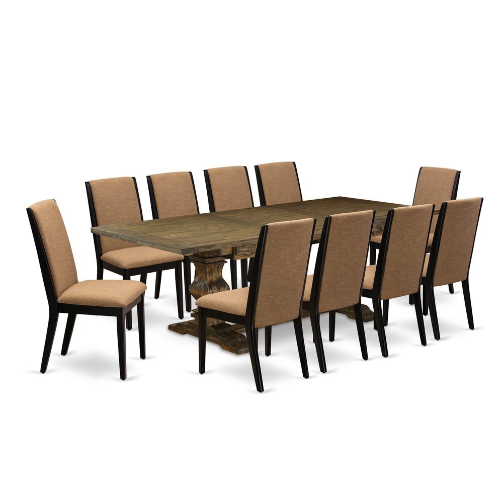 East West Furniture 11-Piece Dinner Table Set Consists of a Wooden Dining Table and 10 Light Sable Linen Fabric Dining Chairs with High Back - Distressed Jacobean Finish. Picture 2