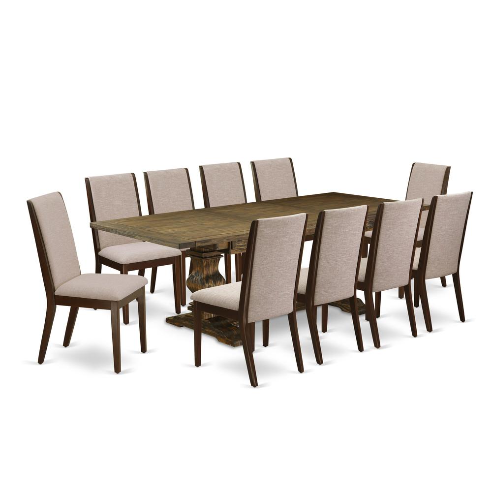 East West Furniture 11-Piece Kitchen Dining Table Set Contains a Rectangular Table and 10 Light Tan Linen Fabric Upholstered Chairs with High Back - Distressed Jacobean Finish. Picture 2