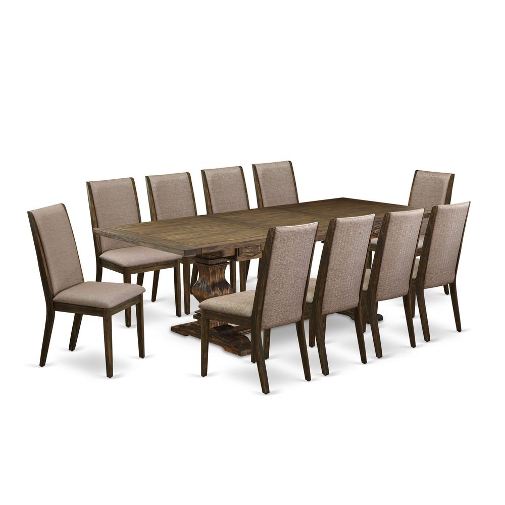 East West Furniture 11-Pc Dining Set Includes a Wooden Dining Table and 10 Dark Khaki Linen Fabric Parson Dining Chairs with High Back - Distressed Jacobean Finish. Picture 2