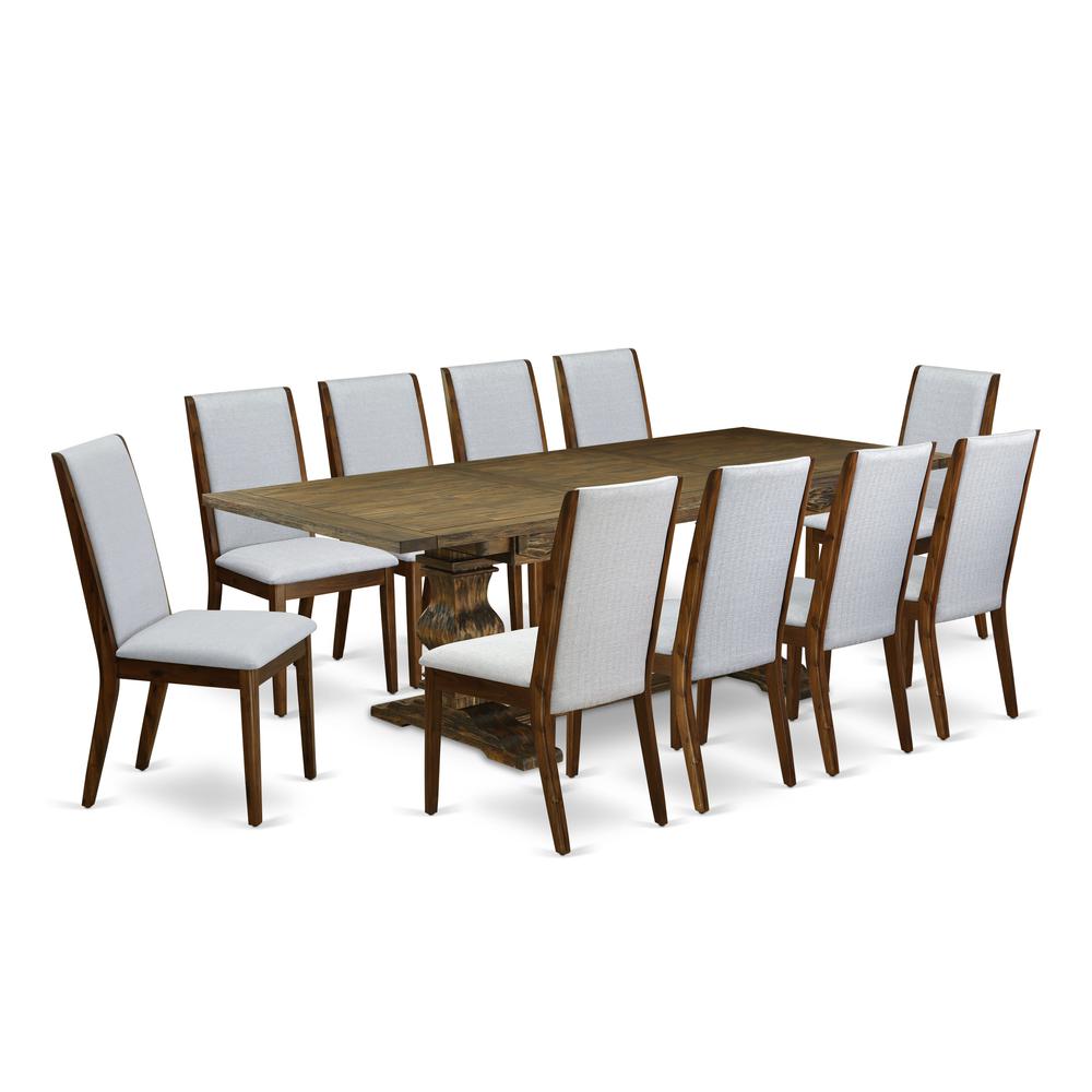 East West Furniture 11-PIECE Dining Set Includes a Dinning Room Table and 10 Grey Linen Fabric Mid Century Modern Dining Chairs with High Back - Distressed Jacobean Finish. Picture 2