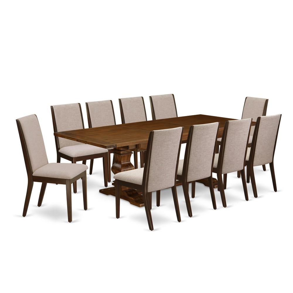 East West Furniture 11-Pieces Dining Set - A Butterfly Leaf Double Pedestal Dinner Table and 10 Light Tan Linen Fabric Upholstered Dining Chairs with High Back - Antique Walnut Finish. Picture 2