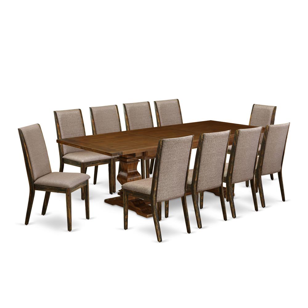 East West Furniture 11-Pieces Kitchen Table Set - A Butterfly Leaf Double Pedestal Modern Kitchen Table and 10 Dark Khaki Linen Fabric Dining Chairs with High Back - Antique Walnut Finish. Picture 2