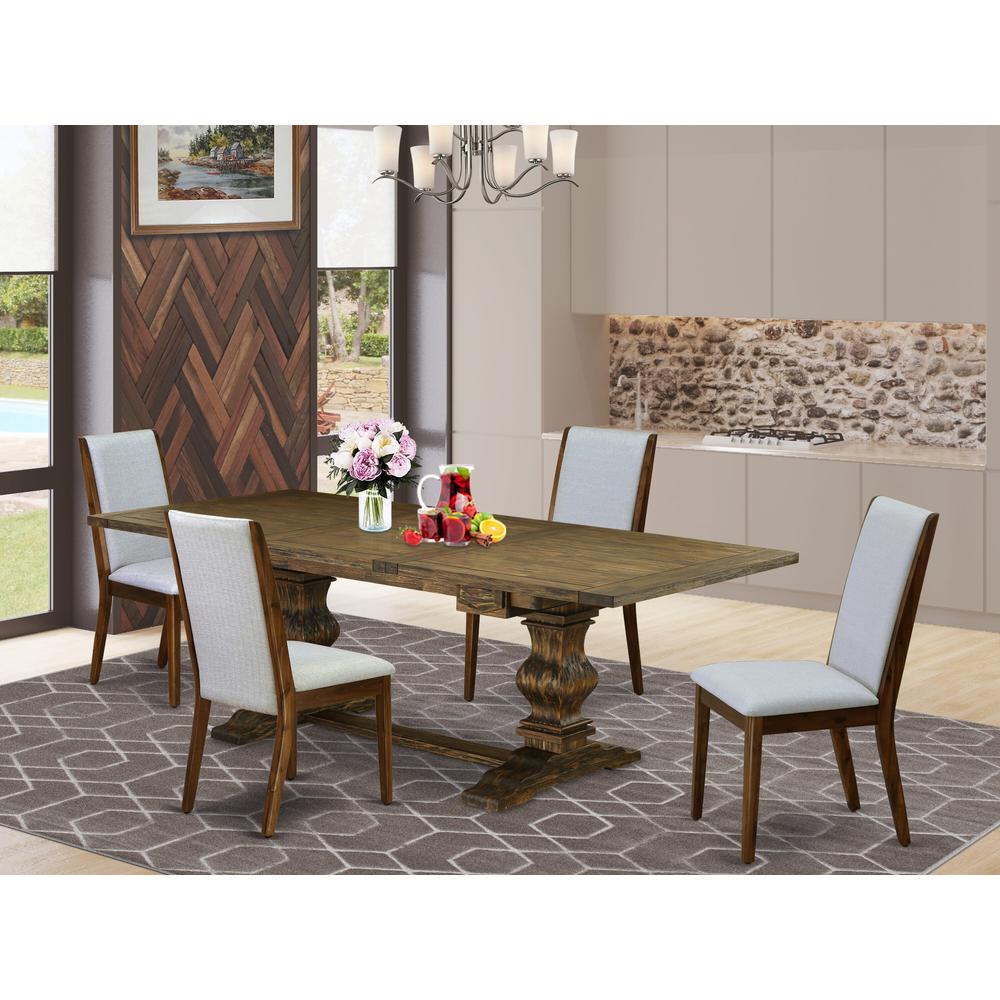 5-pc wood dining table set with Chair’s Legs and Modern Gray Linen Fabric. Picture 18