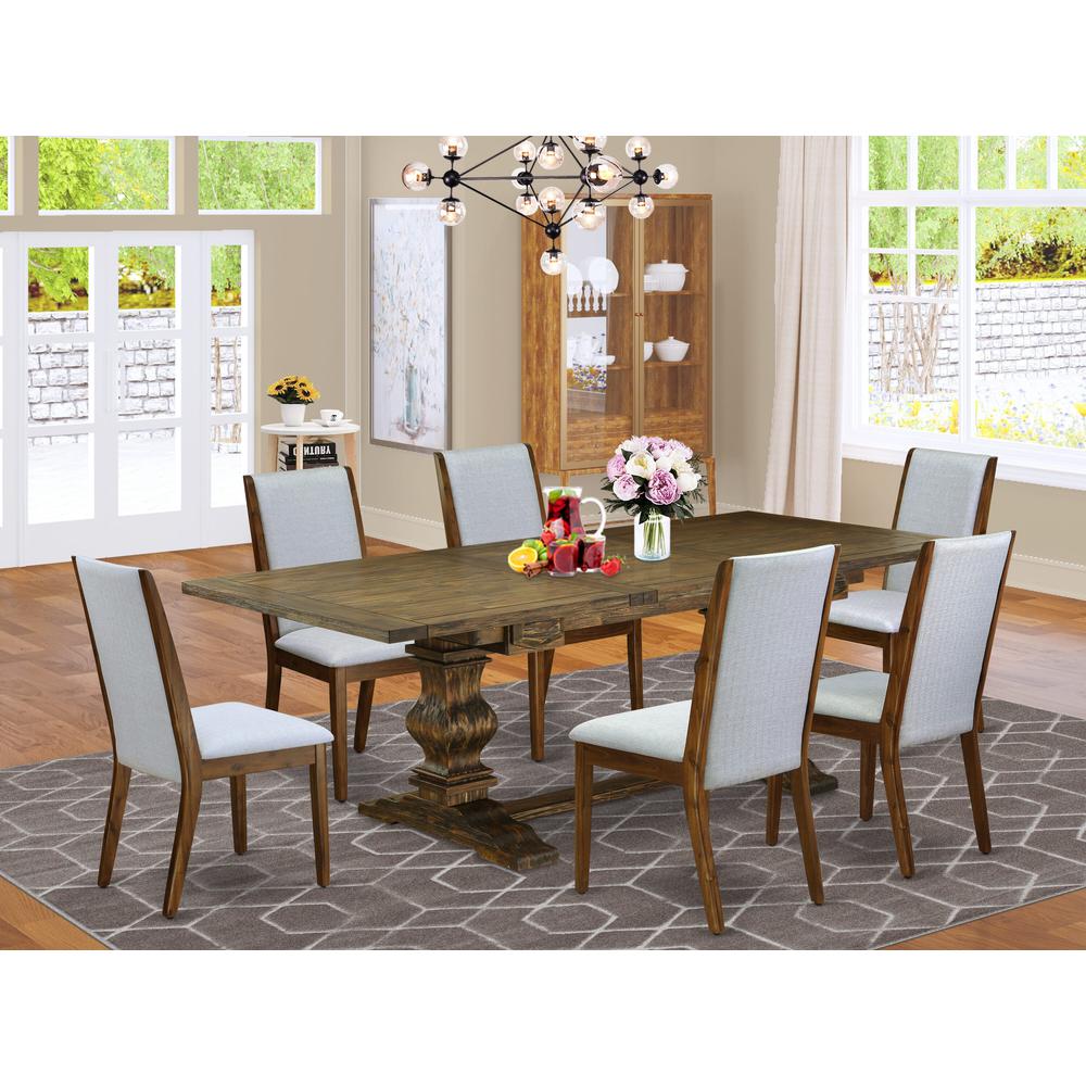 7-pc wooden dining table set with Chair’s Legs and Modern Gray Linen Fabric. Picture 18