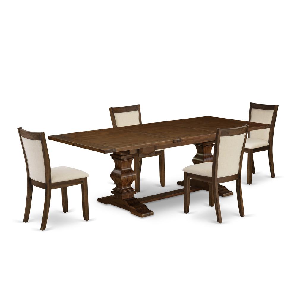 East West Furniture 5-Pieces Dining Room Set - 1 Rectangular Modern Kitchen Table with Double Pedestal and 4 Light Beige Linen Fabric Chairs with Stylish High Back - Antique Walnut Finish. Picture 2