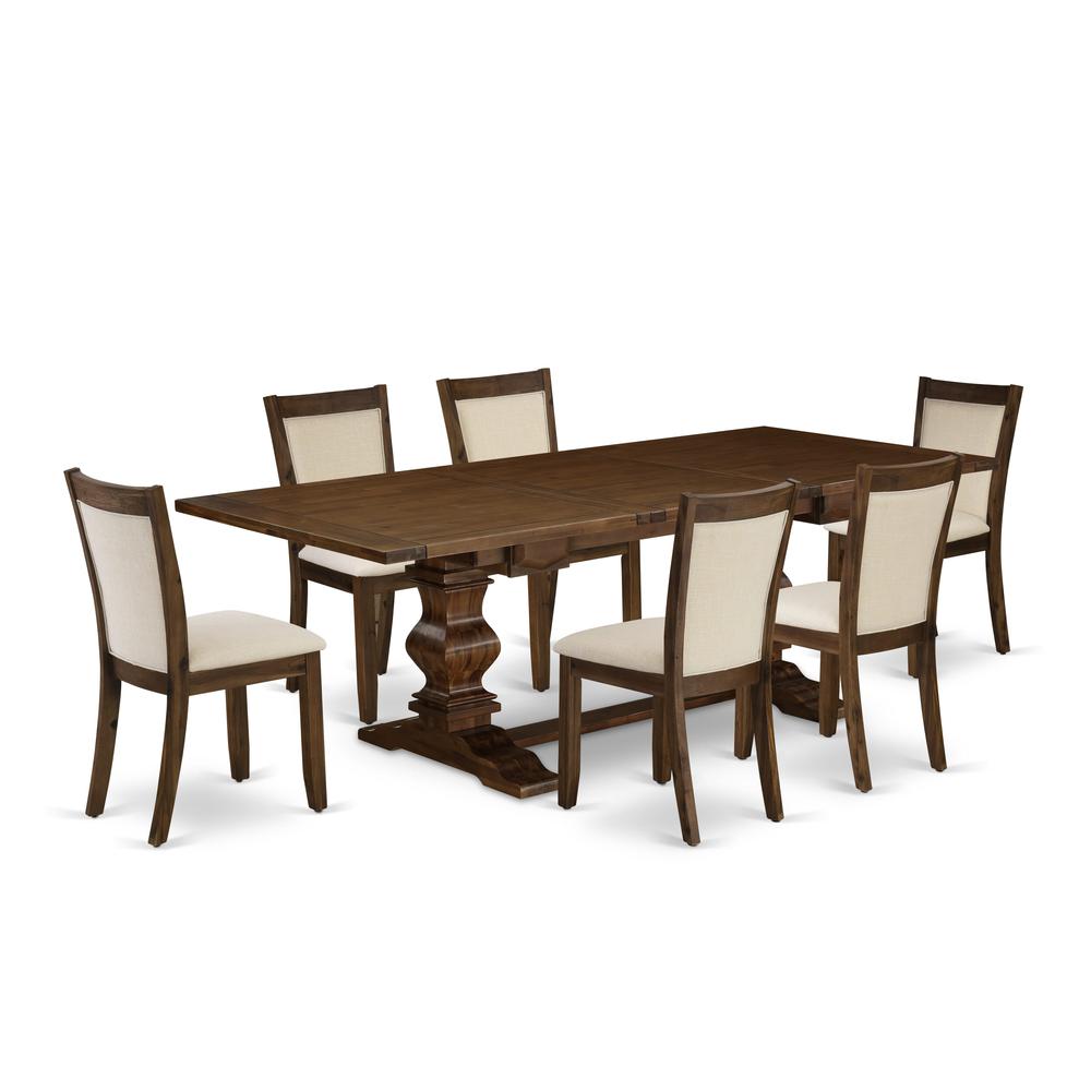 East West Furniture 7-Pieces Table Set - 1 Rectangular Dining Table with Double Pedestal and 6 Light Beige Linen Fabric Wood Dining Chairs with Stylish High Back - Antique Walnut Finish. Picture 2