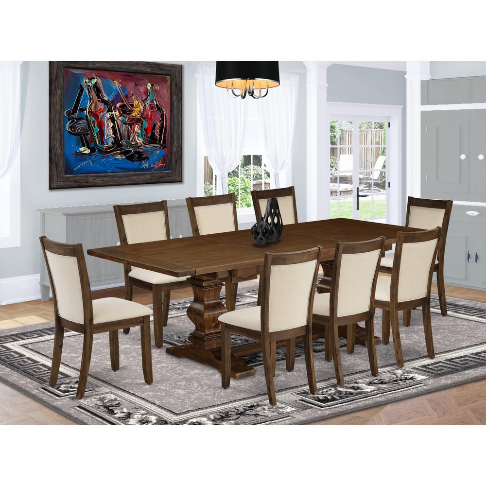 East West Furniture 9-Pcs Kitchen Table Set - 1 Rectangular Dining Table with Double Pedestal and 8 Light Beige Linen Fabric Modern Dining Chairs with Stylish Back - Antique Walnut Finish. Picture 1