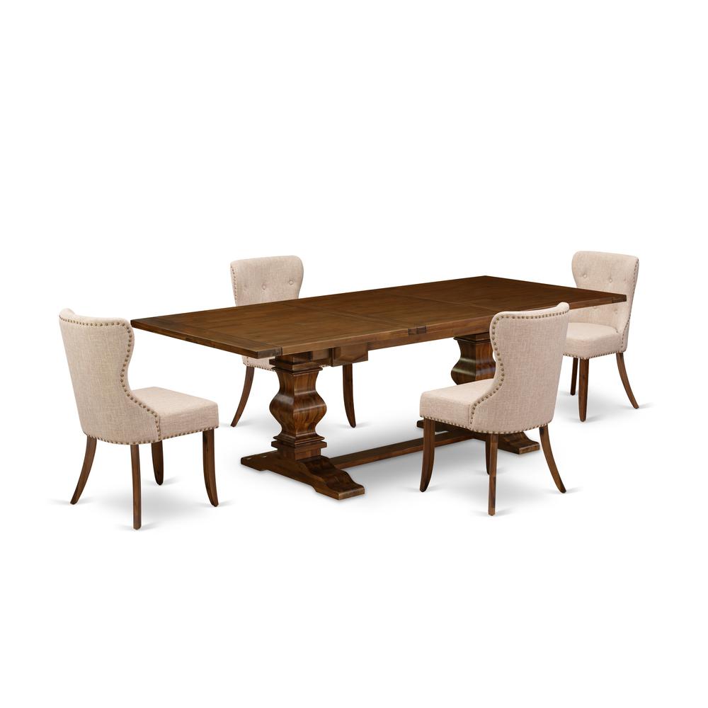 East-West Furniture LASI5-88-04 - A dining table set of 4 fantastic indoor dining chairs with Linen Fabric Linen Tan color and a gorgeous rectangular pedestal kitchen table with Antique Walnut. Picture 1