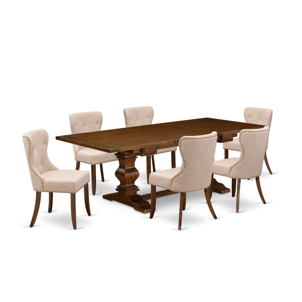 East-West Furniture LASI7-88-04 - A kitchen dining table set of 6 great parson chairs with Linen Fabric Linen Tan color and an attractive rectangular pedestal kitchen table with Antique Walnut. Picture 1