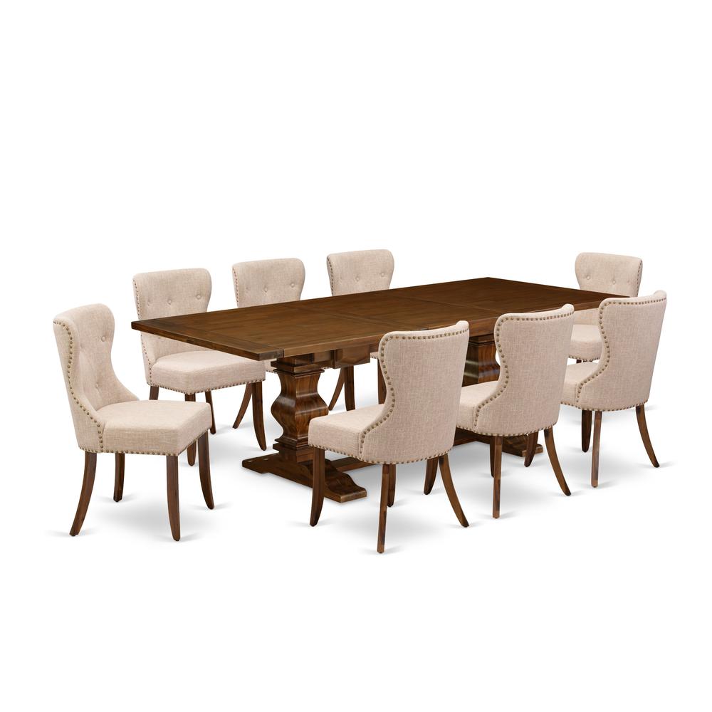 East-West Furniture LASI9-88-04 - A dinette set of 8 excellent kitchen dining chairs with Linen Fabric Linen Tan color and a gorgeous rectangular wooden dining table using Antique Walnut. Picture 1