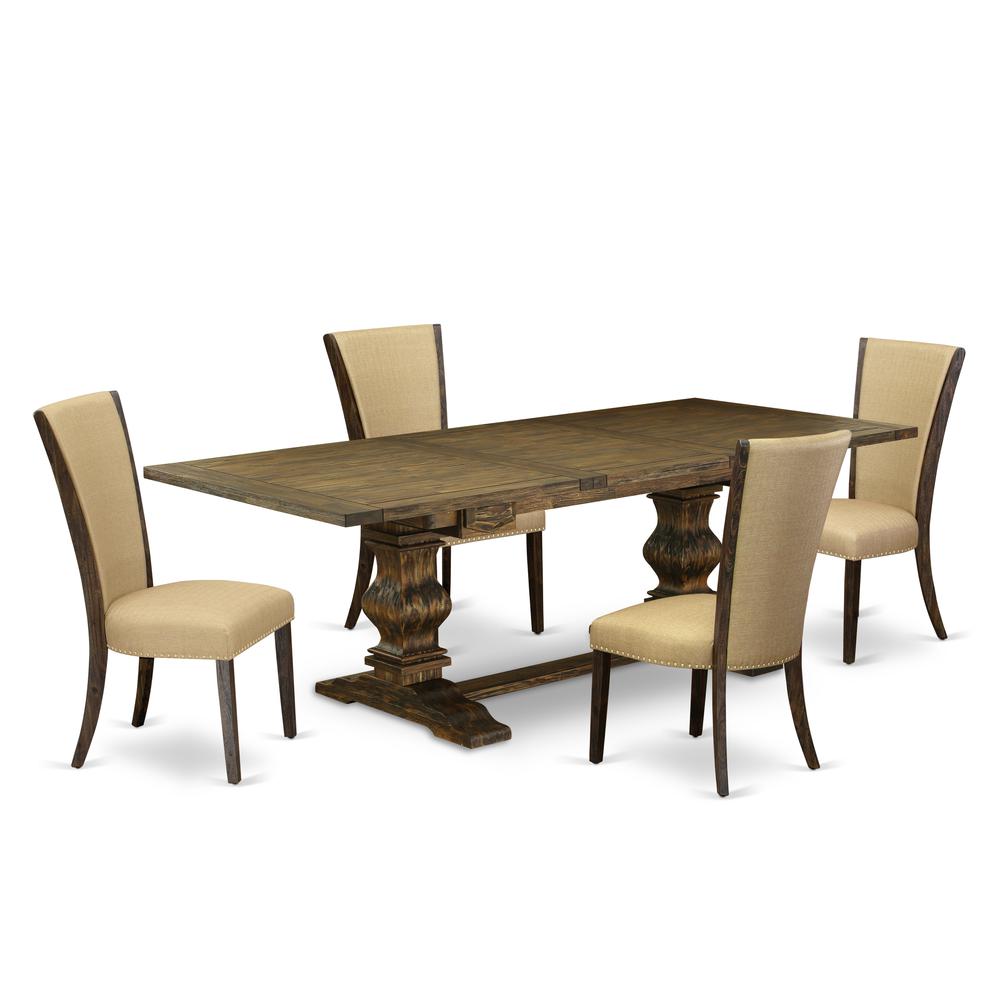 East West Furniture LAVE5-77-03 5Pc Dining Table Set Offers a Table and 4 Upholstered Dining Chairs with Brown Color Linen Fabric, Medium Size Table with Full Back Chairs, Distressed Jacobean Finish. Picture 1