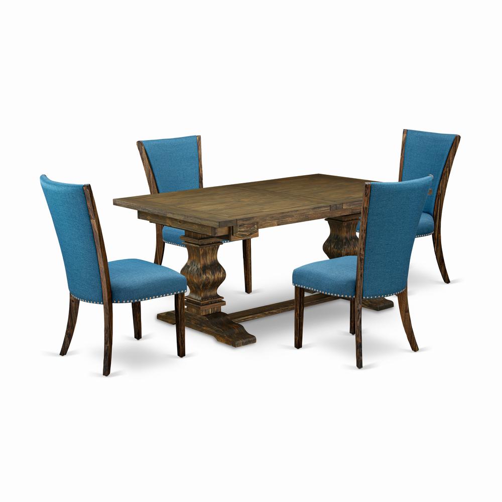 East West Furniture LAVE5-77-21 5Pc Dinette Sets for Small Spaces Consists of a Rectangle Table and 4 Parsons Chairs with Blue Color Linen Fabric, Distressed Jacobean Finish. Picture 1
