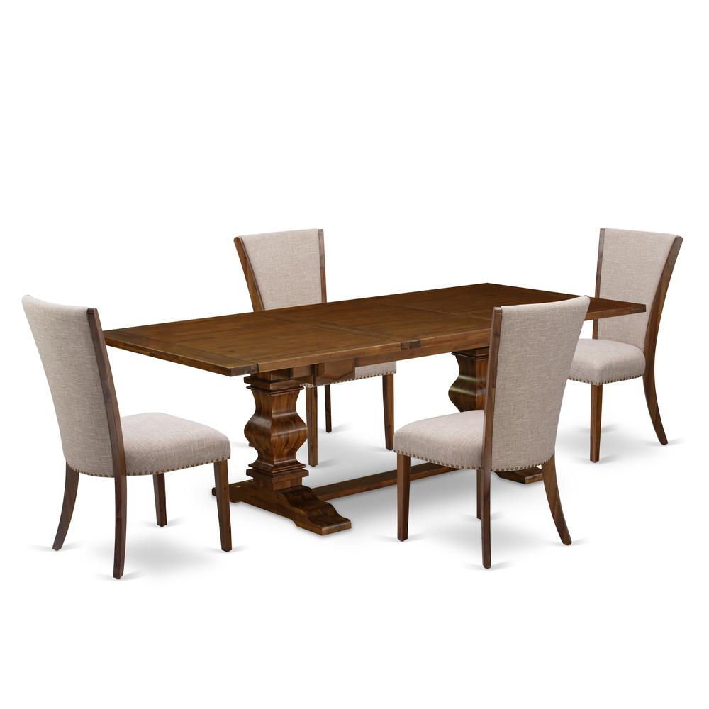 East West Furniture LAVE5-88-04 5Pc Modern Dining Table Set Includes a Dining Table and 4 Upholstered Dining Chairs with Light Tan Color Linen Fabric, Antique Walnut Finish. Picture 1