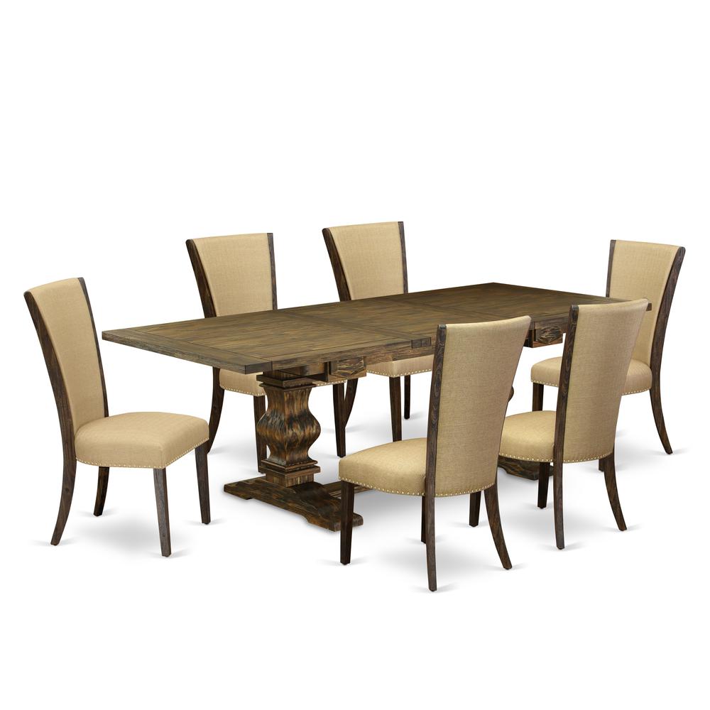 East West Furniture LAVE7-77-03 7Pc Dining Room Table Set Consists of a Dining Room Table and 6 Parsons Dining Chairs with Brown Color Linen Fabric, Distressed Jacobean Finish. Picture 1