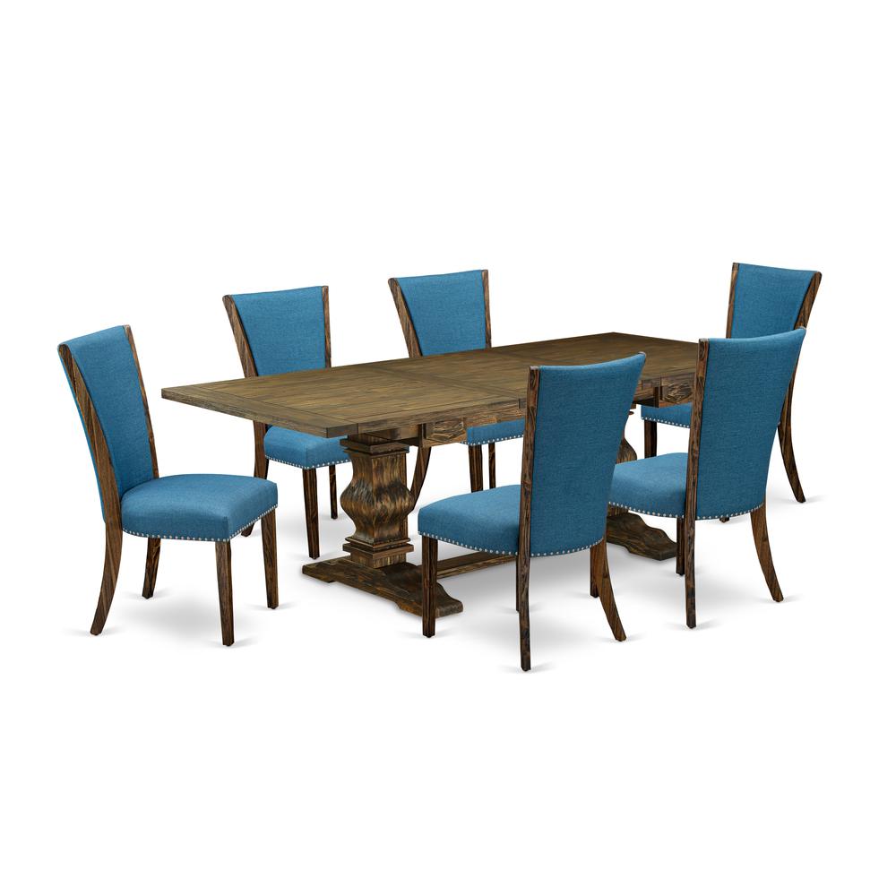 East West Furniture LAVE7-77-21 7Pc Dinette Set Offers a Dining Room Table and 6 Upholstered Dining Chairs with Blue Color Linen Fabric, Distressed Jacobean Finish. Picture 1