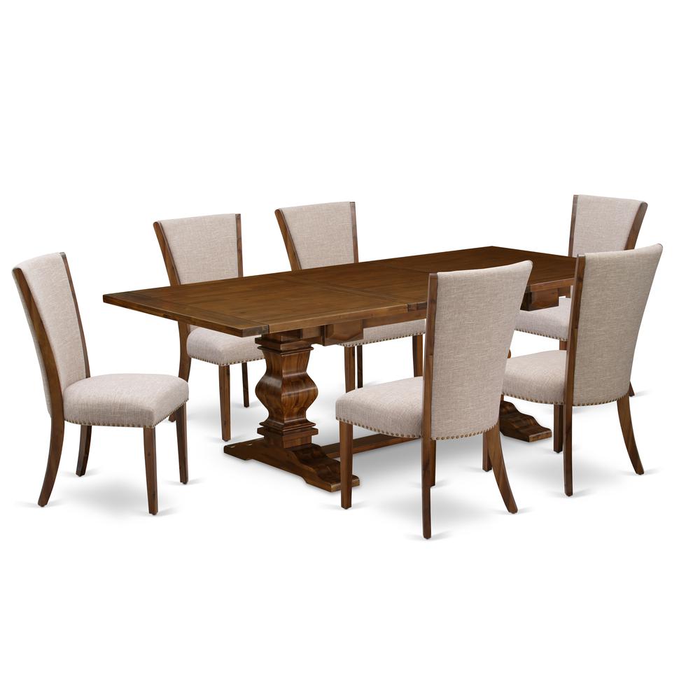 East West Furniture LAVE7-88-04 7Pc Dining Set Consists of a Wood Table and 6 Parson Dining Chairs with Light Tan Color Linen Fabric, Medium Size Table with Full Back Chairs, Antique Walnut Finish. Picture 1