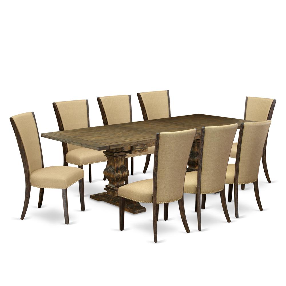East West Furniture LAVE9-77-03 9Pc Dining Table set Consists of a Kitchen Table and 8 Parsons Dining Room Chairs with Brown Color Linen Fabric, Distressed Jacobean Finish. Picture 1