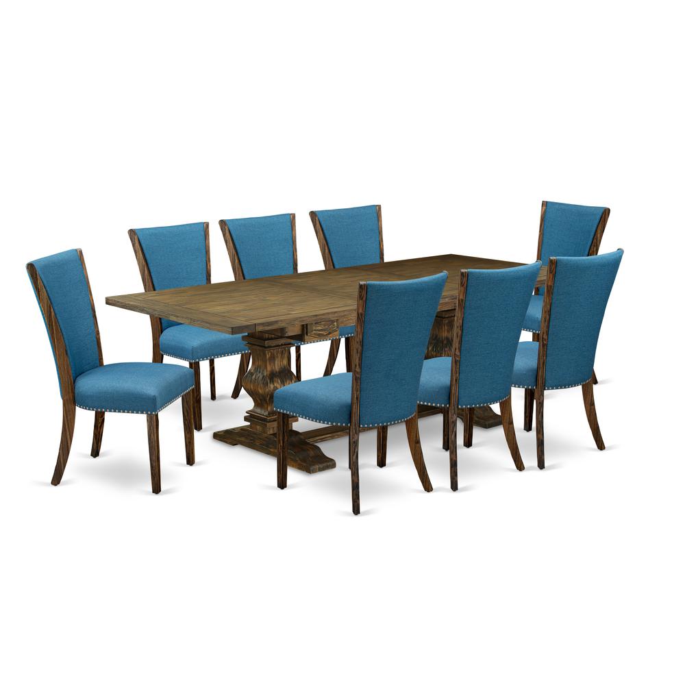 East West Furniture LAVE9-77-21 9Pc Kitchen Table Set Contains a Dining Table and 8 Parsons Dining Chairs with Blue Color Linen Fabric, Distressed Jacobean Finish. Picture 1