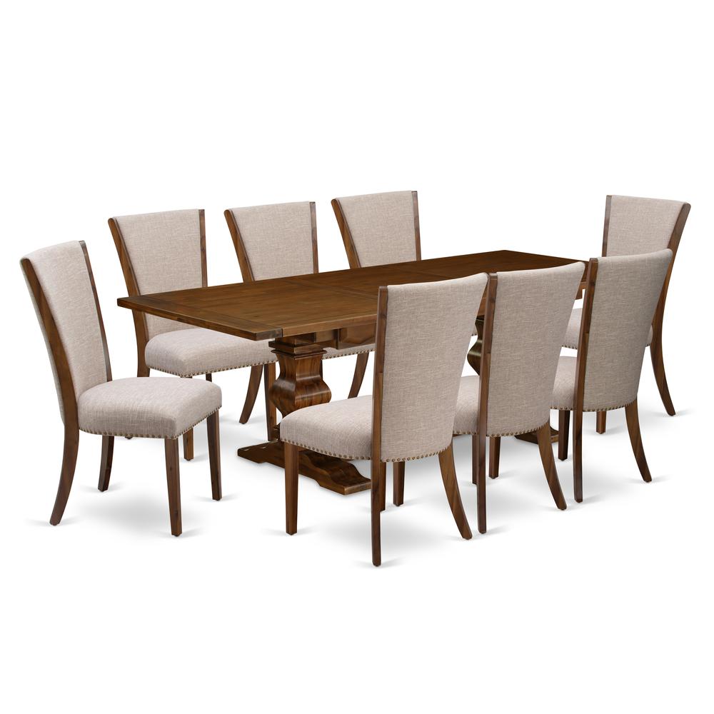 East West Furniture LAVE9-88-04 9Pc Kitchen Table Sets Consists of a Rectangle Table and 8 Parsons Chairs with Light Tan Color Linen Fabric, Antique Walnut Finish. Picture 1