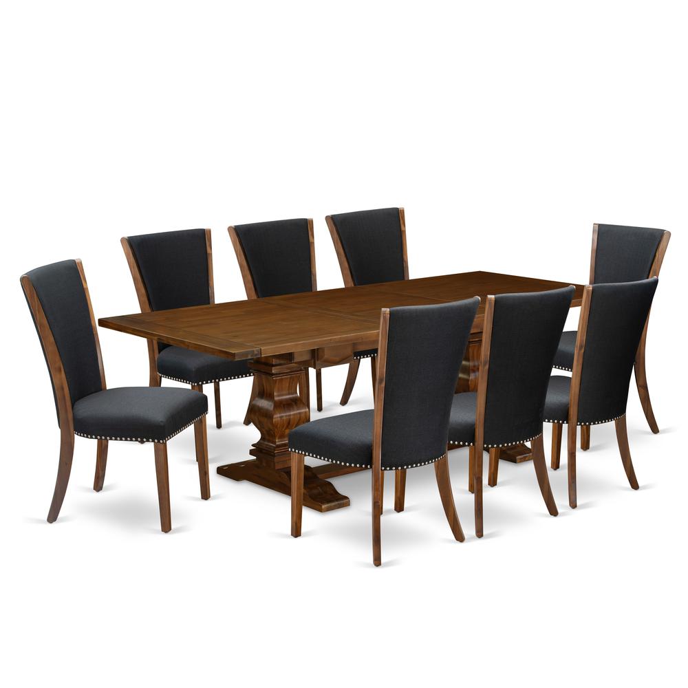 East West Furniture LAVE9-88-24 9Pc Dining Room Table Set Consists of a Kitchen Table and 8 Parsons Dining Room Chairs with Black Color Linen Fabric, Antique Walnut Finish. Picture 1