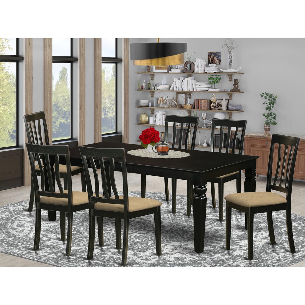 LGAN7-BLK-C 7 Pc Dining Room set with a Dining Table and 6 Linen Dining Chairs in Black. Picture 2