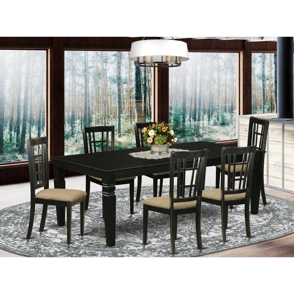 LGNI7-BLK-C 7 Pc Dining Room set with a Kitchen Table and 6 Linen Dining Chairs in Black. Picture 2