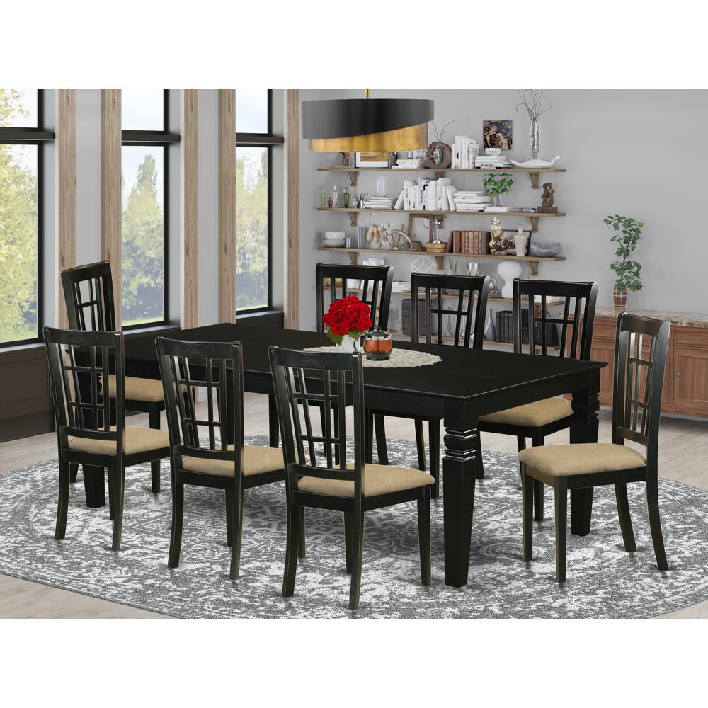 LGNI9-BLK-C 9 Pc Dining Room set with a Dining Table and 8Linen Dining Chairs in Black. Picture 2