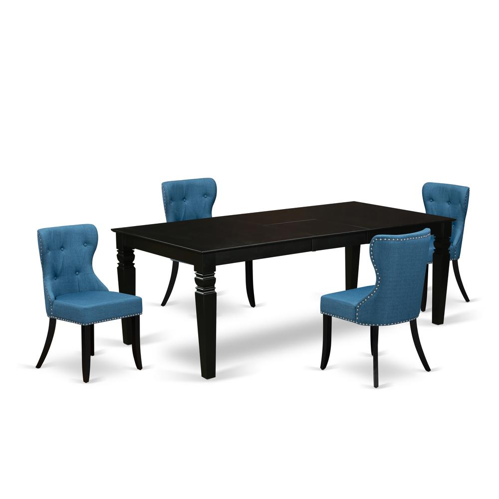 East-West Furniture LGSI5-BLK-21 - A wooden dining table set of 4 fantastic parson dining chairs with Linen Fabric Mineral Blue color and a gorgeous 18 butterfly leaf rectangle dining table using Bla". Picture 1