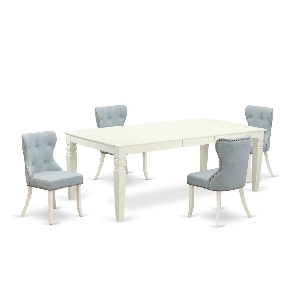 East-West Furniture LGSI5-LWH-15 - A modern dining table set of 4 wonderful dining chairs with Linen Fabric Baby Blue color and a wonderful wooden dining table with Linen White color. Picture 1