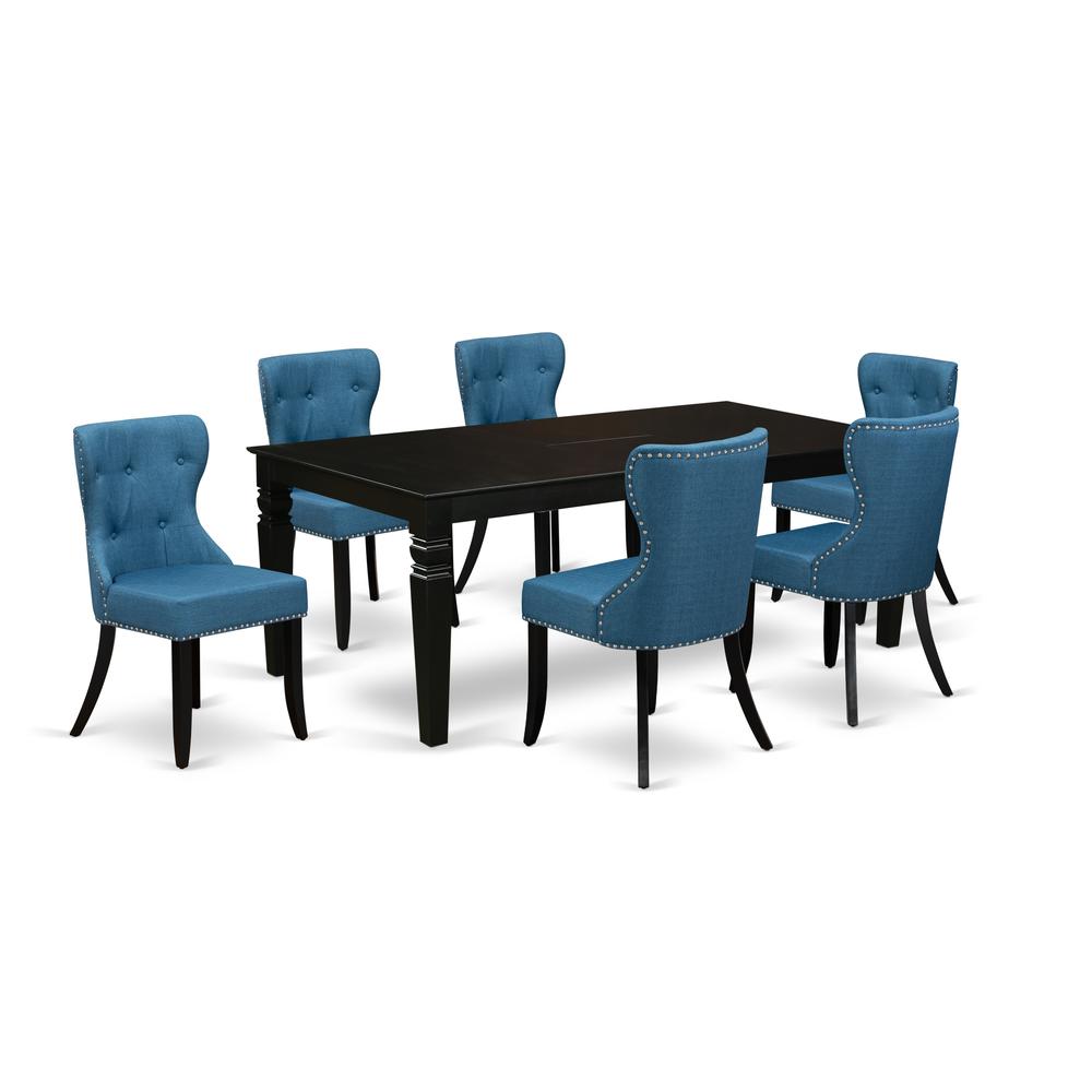East-West Furniture LGSI7-BLK-21 - A wooden dining table set of 6 excellent kitchen dining chairs with Linen Fabric Mineral Blue color and a wonderful dinner table using Black color. Picture 1