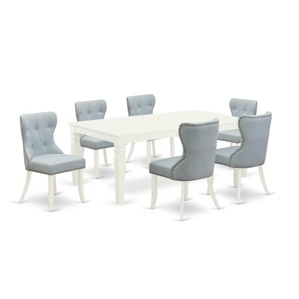 East-West Furniture LGSI7-LWH-15 - A dining room table set of 6 great dining chairs with Linen Fabric Baby Blue color and a wonderful 18 butterfly leaf rectangle dining room table with Linen White co". Picture 1