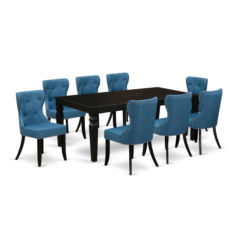 East-West Furniture LGSI9-BLK-21 - A dining room table set of 8 excellent parson dining chairs with Linen Fabric Mineral Blue color and an attractive 18 butterfly leaf rectangle kitchen table using B". Picture 1
