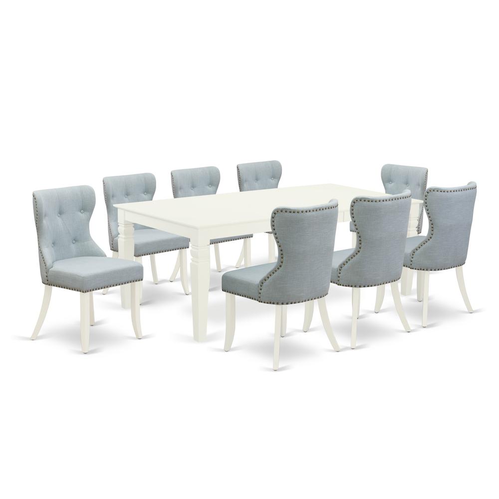 East-West Furniture LGSI9-LWH-15 - A kitchen table set of 8 excellent kitchen dining chairs with Linen Fabric Baby Blue color and a beautiful 18 butterfly leaf rectangle dining room table with Linen". Picture 1