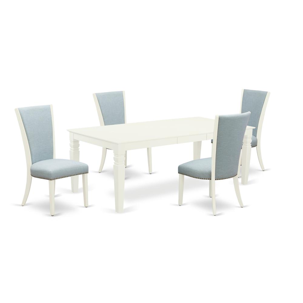 East-West Furniture LGVE5-LWH-15 - A dining room table set of 4 wonderful parson chairs with Linen Fabric Baby Blue color and a wonderful 18 butterfly leaf rectangle dining table with Linen White col". Picture 1