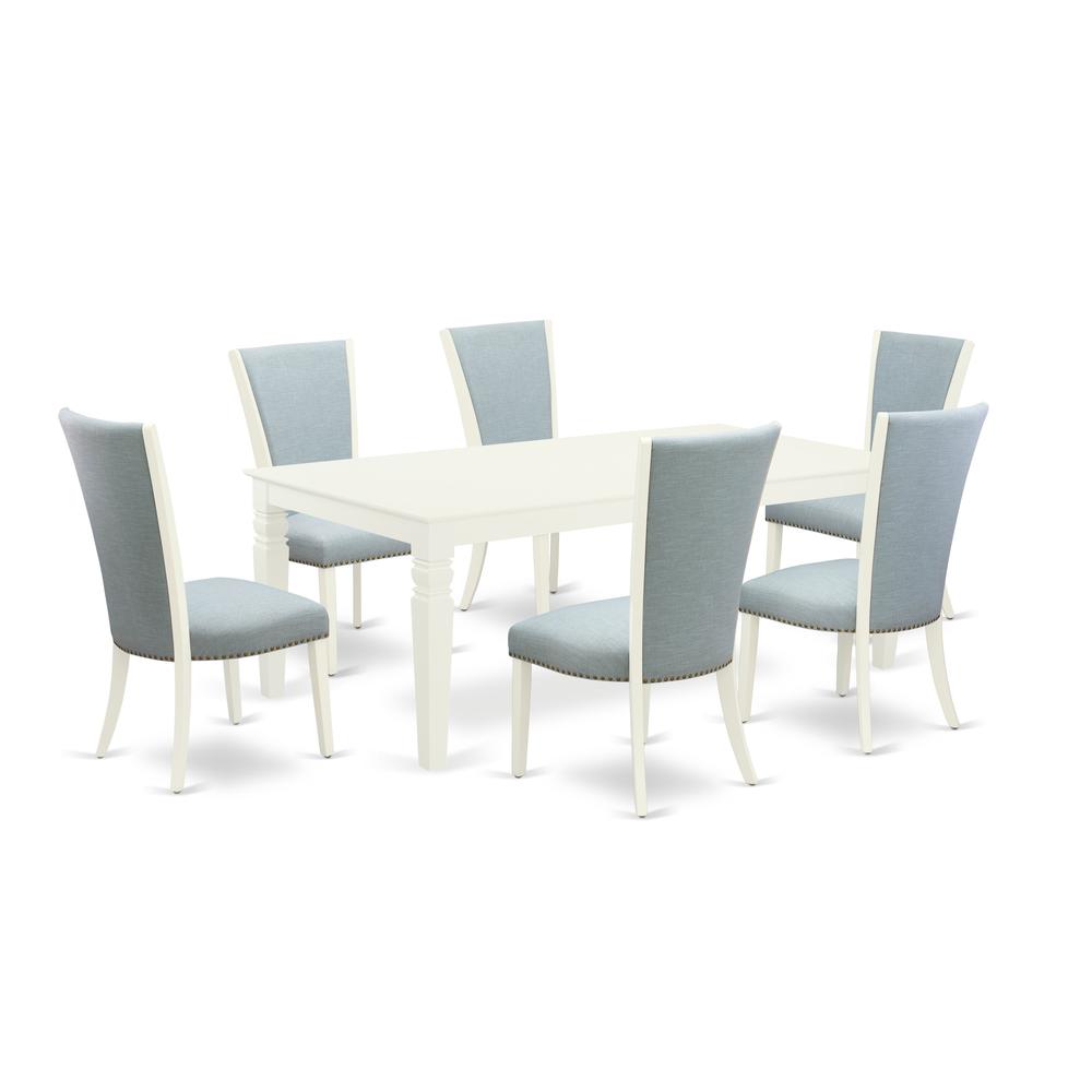 East-West Furniture LGVE7-LWH-15 - A wooden dining table set of 6 amazing parson chairs with Linen Fabric Baby Blue color and a beautiful dining table with Linen White color. Picture 1