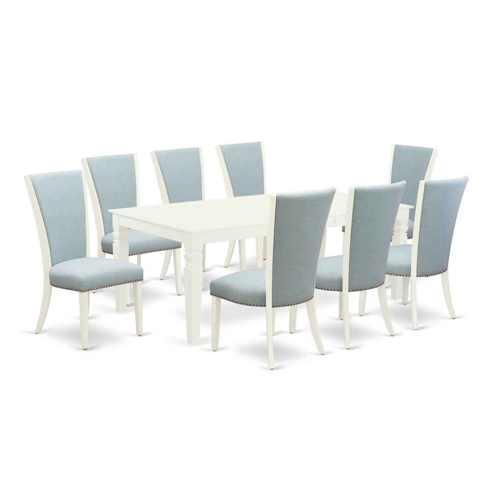 East-West Furniture LGVE9-LWH-15 - A modern dining table set of 8 wonderful parson chairs with Linen Fabric Baby Blue color and a beautiful dining table with Linen White color. Picture 1