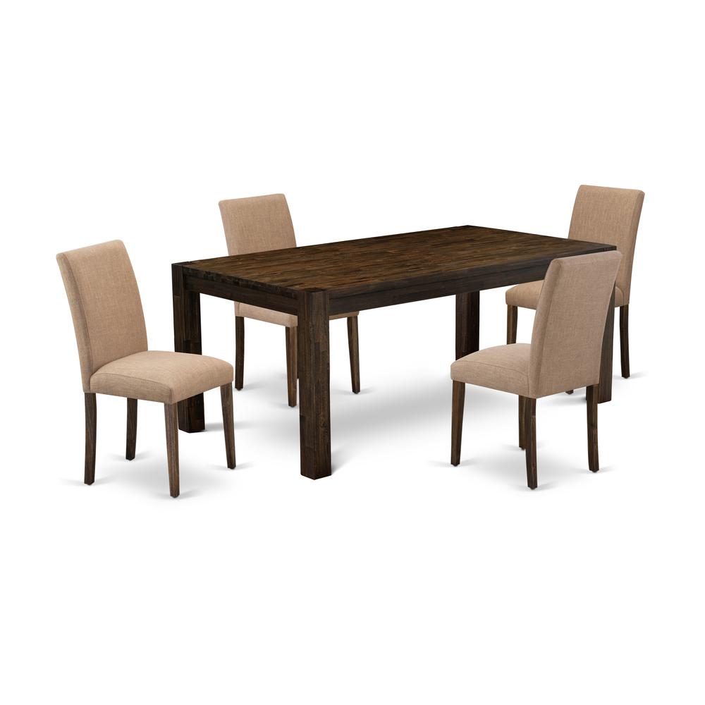 East West Furniture LMAB5-77-47 5Pc Dining Table Set Contains a Dining Room Table and 4 Parsons Dining Chairs with Light Sable Color Linen Fabric, Medium Size Table with Full Back Chairs, Distressed J. The main picture.